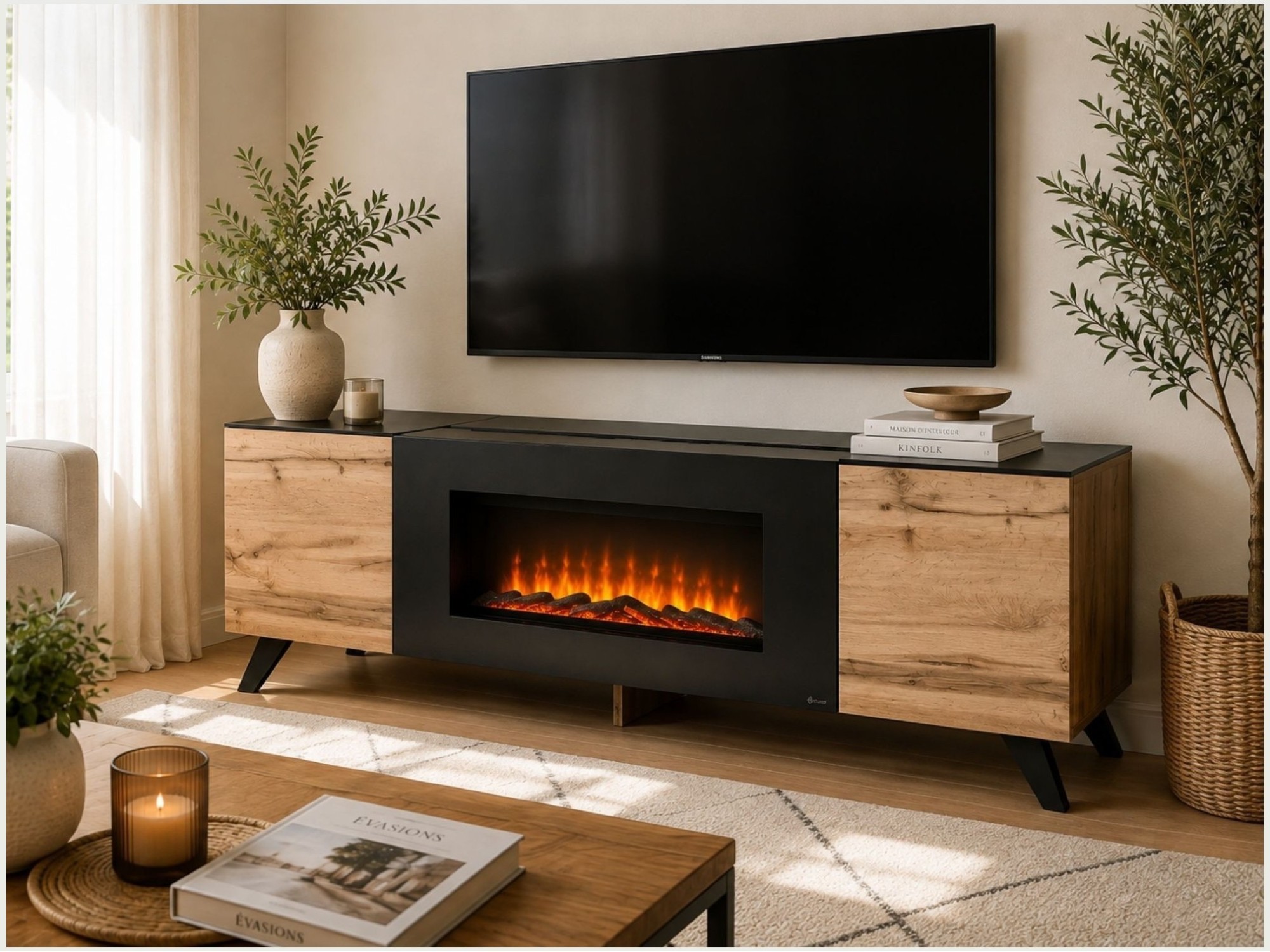 Meuble TV TINO avec cheminée bio-éthanol mis en situation