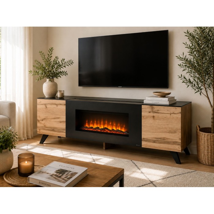 Meubel TV TINO met bio-ethanol haard – Wotan eiken en zwart – L150 cm
