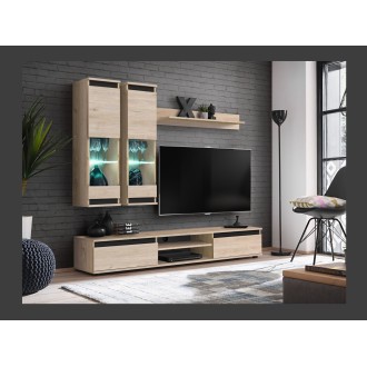 Composizione murale DOMO - Mobile TV, 2 vetrine sospese e mensola da muro - Rovere chiaro e nero