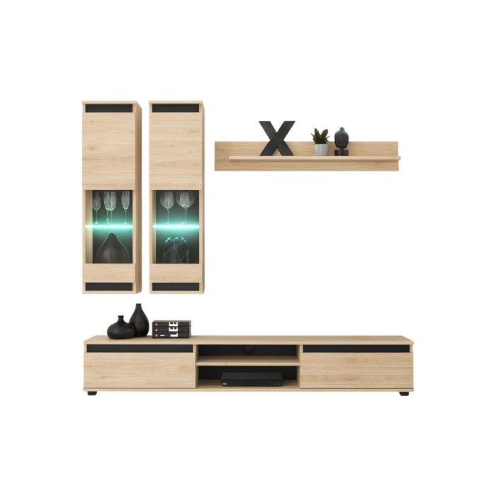Composizione murale DOMO - Mobile TV, 2 vetrine sospese e mensola da muro - Rovere chiaro e nero