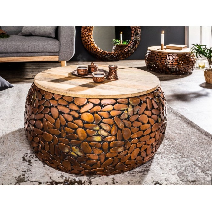 Mesas nido GALEA en madera maciza de mango y aluminio bronce – Motivo decorativo de guijarros