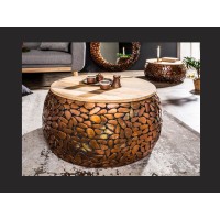 Mesas nido GALEA en madera maciza de mango y aluminio bronce – Motivo decorativo de guijarros