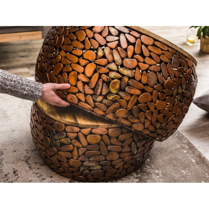Mesas nido GALEA en madera maciza de mango y aluminio bronce – Motivo decorativo de guijarros