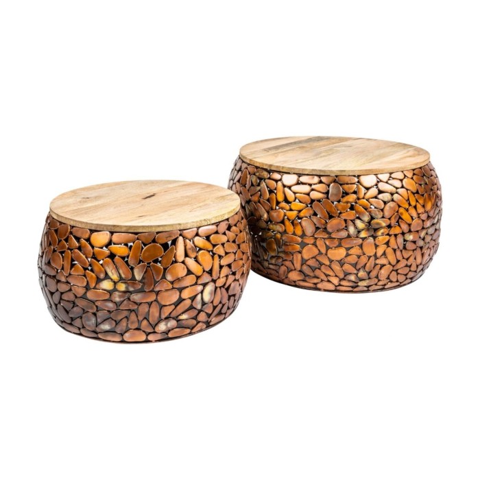 Mesas nido GALEA en madera maciza de mango y aluminio bronce – Motivo decorativo de guijarros