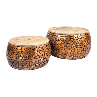 Mesas nido GALEA en madera maciza de mango y aluminio bronce – Motivo decorativo de guijarros
