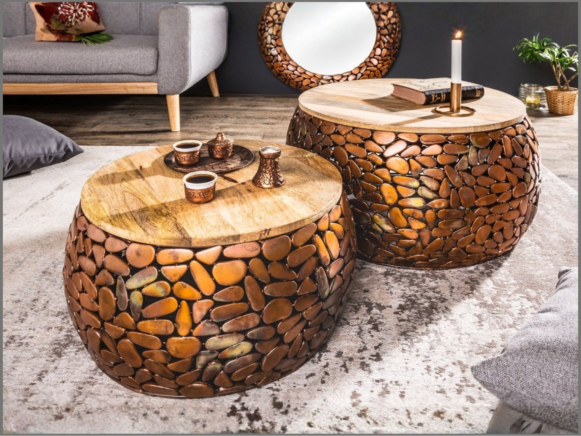 Nesttafels GALEA van massief mangohout en bronzen aluminium - Decoratief kiezelstenen motief