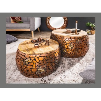 Mesas nido GALEA en madera maciza de mango y aluminio bronce – Motivo decorativo de guijarros