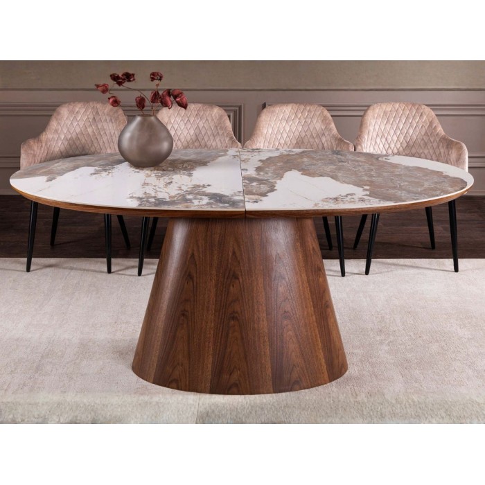 Table extensible LUMEA avec plateau en céramique et pied en bois de noyer mise en situation