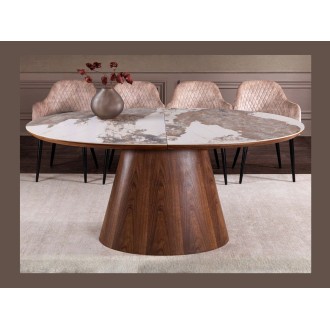 Table extensible LUMEA avec plateau en céramique et pied en bois de noyer mise en situation