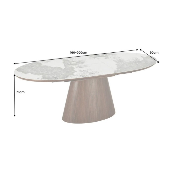 Dimensions de la table extensible LUMEA avec plateau en céramique et pied en bois de noyer