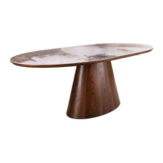 Table extensible LUMEA avec plateau en céramique et pied en bois de noyer