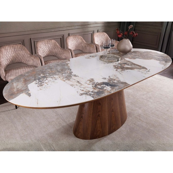 Table extensible LUMEA avec plateau en céramique et pied en bois de noyer vu de côté