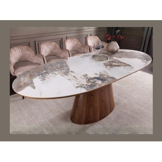 Table extensible LUMEA avec plateau en céramique et pied en bois de noyer vu de côté
