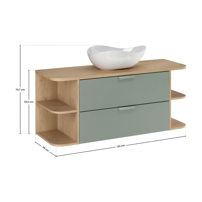 OSTER Set 120cm: Unterschrank mit Schubladen in Salbeigrün und sichtbaren Fächern + Platte für Waschbecken + Aufsatzwaschbecken 
