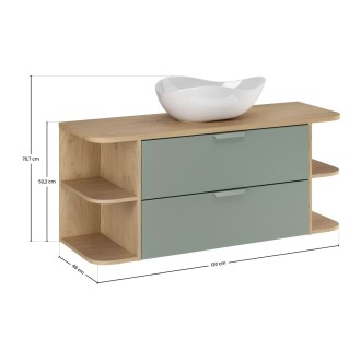 OSTER Set 120cm: Unterschrank mit Schubladen in Salbeigrün und sichtbaren Fächern + Platte für Waschbecken + Aufsatzwaschbecken 