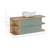 OSTER Set 120cm: Unterschrank mit Schubladen in Salbeigrün und sichtbaren Fächern + Platte für Waschbecken + Aufsatzwaschbecken 