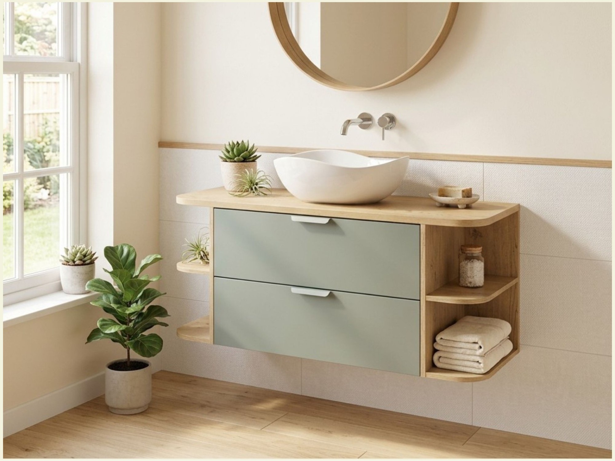 Ensemble OSTER vert et chêne clair 120cm : meuble sous vasque, niches visibles et vasque à poser mis en situation