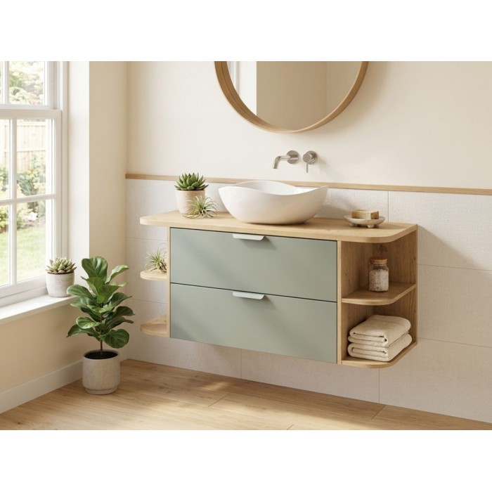 OSTER Set 120cm: Unterschrank mit Schubladen in Salbeigrün und sichtbaren Fächern + Platte für Waschbecken + Aufsatzwaschbecken 