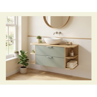 OSTER Set 120cm: Unterschrank mit Schubladen in Salbeigrün und sichtbaren Fächern + Platte für Waschbecken + Aufsatzwaschbecken 