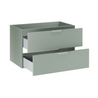 OSTER Set 120cm: Unterschrank mit Schubladen in Salbeigrün und sichtbaren Fächern + Platte für Waschbecken + Aufsatzwaschbecken 