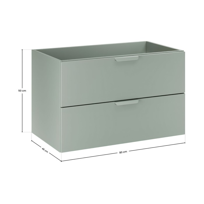 OSTER Set 120cm: Unterschrank mit Schubladen in Salbeigrün und sichtbaren Fächern + Platte für Waschbecken + Aufsatzwaschbecken 
