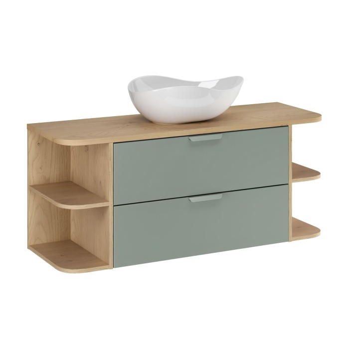 OSTER Set 120cm: Unterschrank mit Schubladen in Salbeigrün und sichtbaren Fächern + Platte für Waschbecken + Aufsatzwaschbecken 