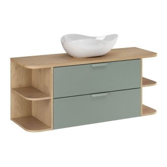 OSTER Set 120cm: Unterschrank mit Schubladen in Salbeigrün und sichtbaren Fächern + Platte für Waschbecken + Aufsatzwaschbecken 