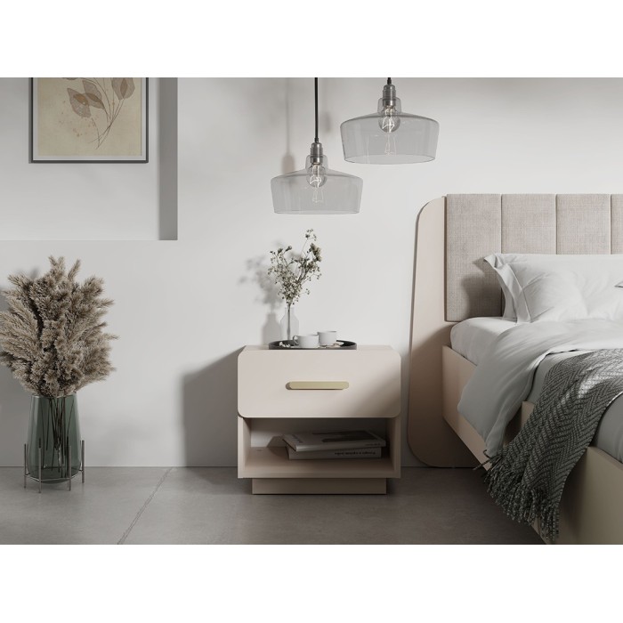 Lot de 2 tables de chevet AMALIE – 1 tiroir – Coloris beige – Poignées dorées – Design arrondi