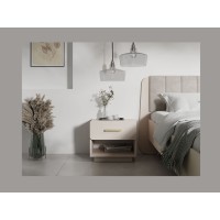 Lot de 2 tables de chevet AMALIE – 1 tiroir – Coloris beige – Poignées dorées – Design arrondi