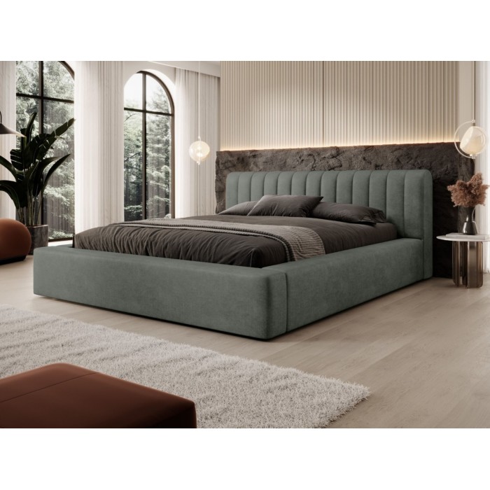 Bed met opbergruimte CERVIN – Zacht fluweel Nachtelijke Salie – 160x200 cm – Opklapbare lattenbodem – Elegant ontwerp