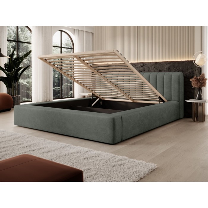 Bed met opbergruimte CERVIN – Zacht fluweel Nachtelijke Salie – 160x200 cm – Opklapbare lattenbodem – Elegant ontwerp