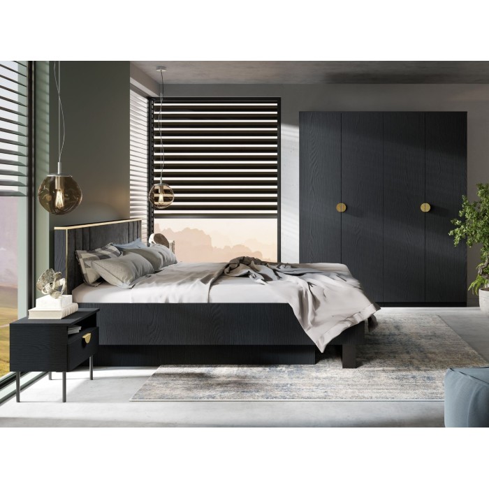 Armadio 4 porte nero strutturato e dorato – 2 appendiabiti + 4 scaffali – Collezione MONDO