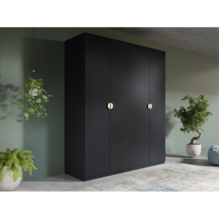 Armadio 4 porte nero strutturato e dorato – 2 appendiabiti + 4 scaffali – Collezione MONDO