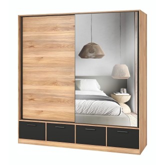 Armadio 200cm con 2 porte scorrevoli con specchi e 4 cassetti colore quercia e nero. Collezione EOS