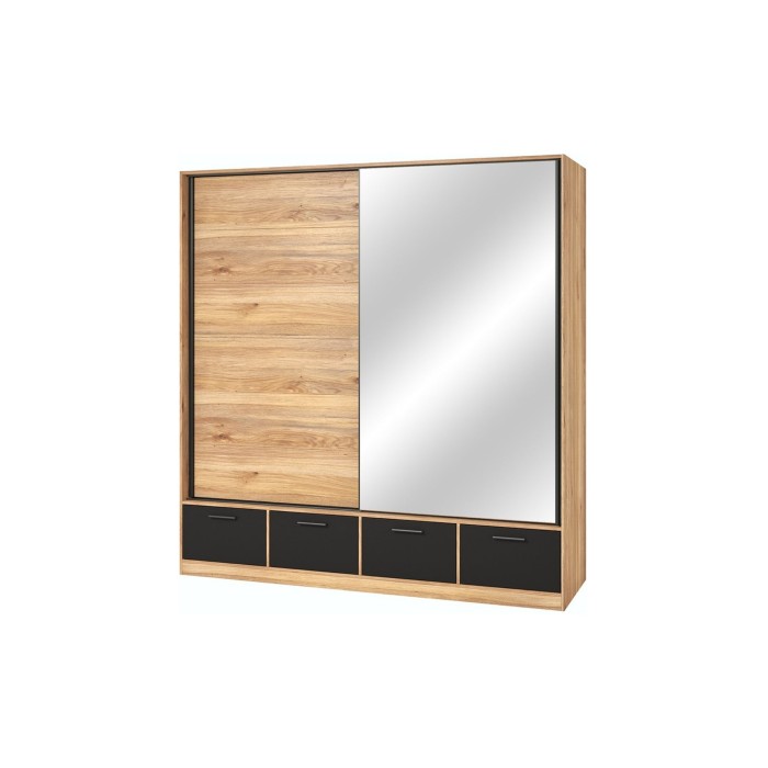 Armadio 200cm con 2 porte scorrevoli con specchi e 4 cassetti colore quercia e nero. Collezione EOS