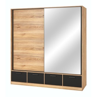 Armadio 200cm con 2 porte scorrevoli con specchi e 4 cassetti colore quercia e nero. Collezione EOS