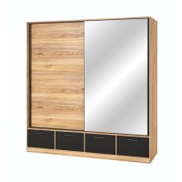 Armadio 200cm con 2 porte scorrevoli con specchi e 4 cassetti colore quercia e nero. Collezione EOS
