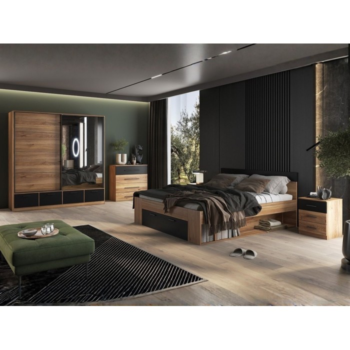 Armadio 200cm con 2 porte scorrevoli con specchi e 4 cassetti colore quercia e nero. Collezione EOS