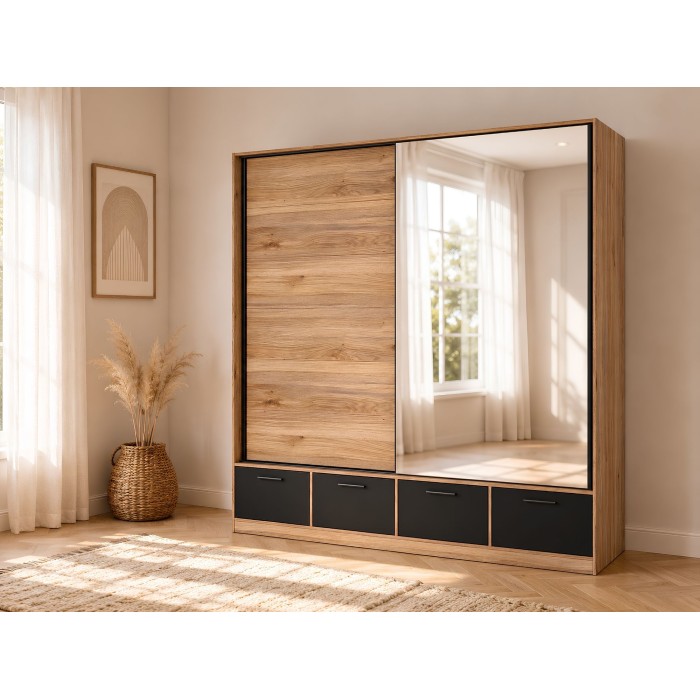 Armadio 200cm con 2 porte scorrevoli con specchi e 4 cassetti colore quercia e nero. Collezione EOS