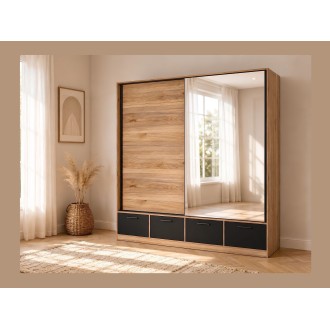 Armadio 200cm con 2 porte scorrevoli con specchi e 4 cassetti colore quercia e nero. Collezione EOS