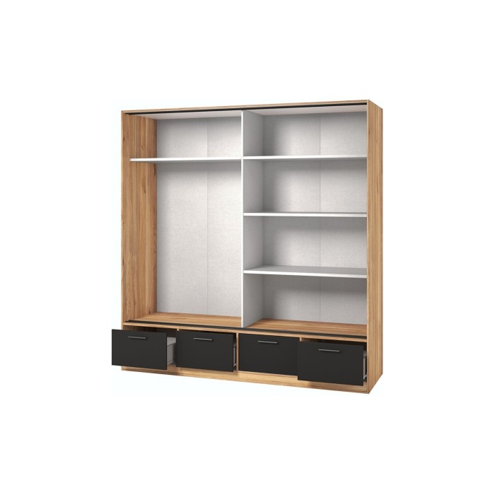 Armadio 200cm con 2 porte scorrevoli con specchi e 4 cassetti colore quercia e nero. Collezione EOS