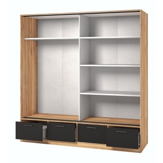 Armadio 200cm con 2 porte scorrevoli con specchi e 4 cassetti colore quercia e nero. Collezione EOS