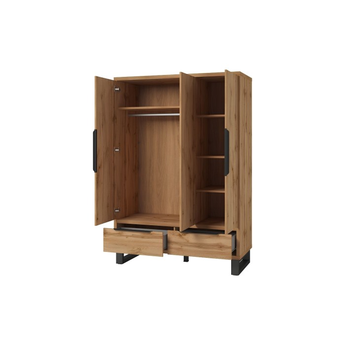 Schrank im skandinavischen Holzstil 150cm mit 3 Türen und 2 Schubladen in roher Eichenfarbe. Kollektion MILOS