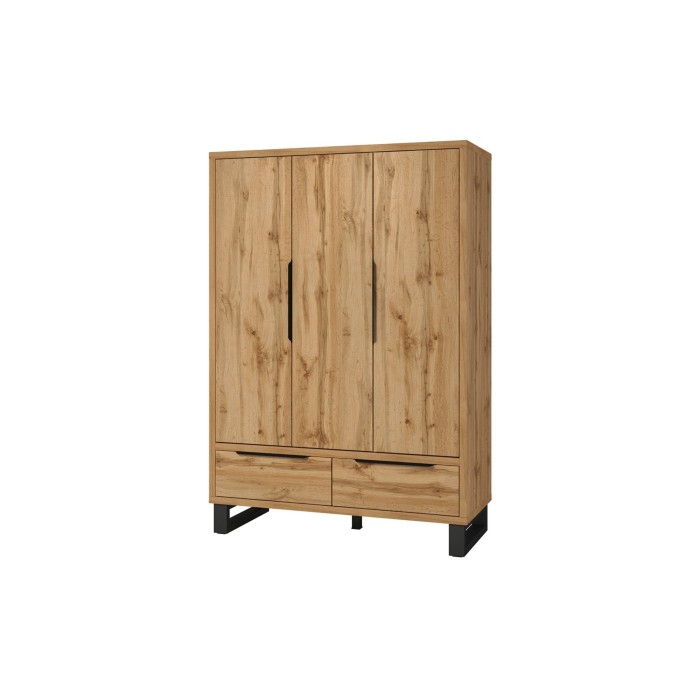 Armario de madera estilo Escandinavo 150cm con 3 puertas y 2 cajones color roble natural. Colección MILOS