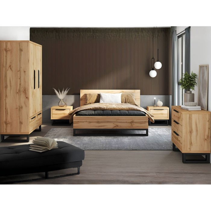 Armario de madera estilo Escandinavo 150cm con 3 puertas y 2 cajones color roble natural. Colección MILOS