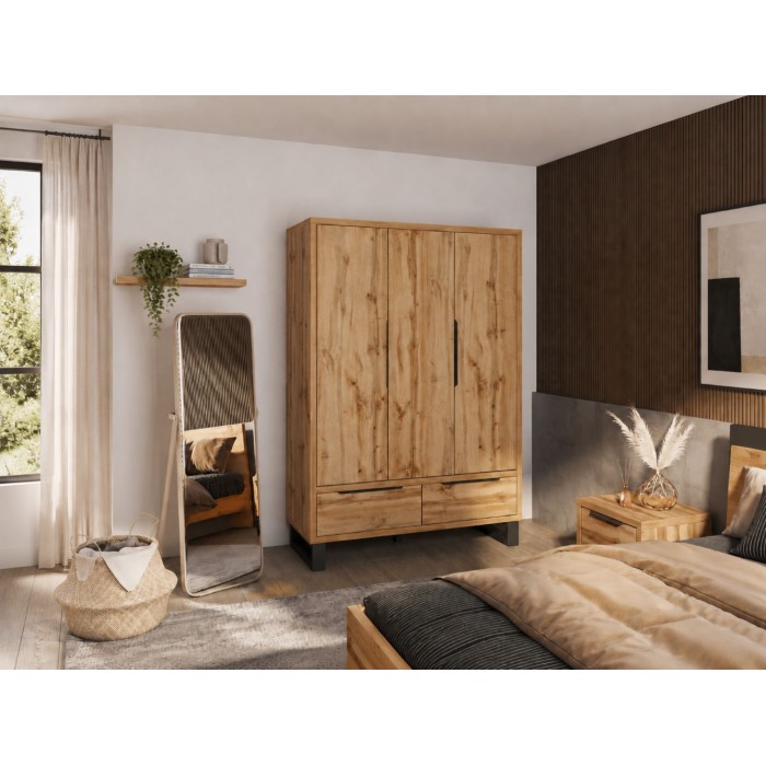 Armario de madera estilo Escandinavo 150cm con 3 puertas y 2 cajones color roble natural. Colección MILOS
