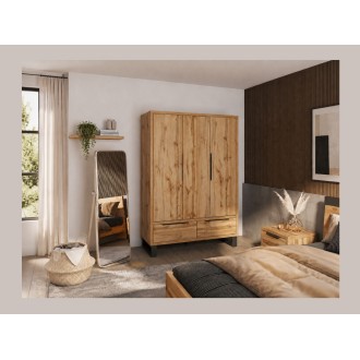 Schrank im skandinavischen Holzstil 150cm mit 3 Türen und 2 Schubladen in roher Eichenfarbe. Kollektion MILOS