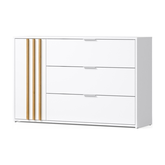 Comò FLORENCE – Bianco e quercia – 1 porta + 3 cassetti – Chiusura ammortizzata – Design contemporaneo