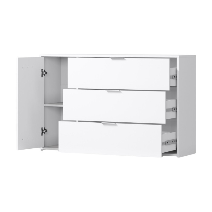 Kommode FLORENCE – Weiß und Eiche – 1 Tür + 3 Schubladen – Soft Close – Zeitgenössisches Design