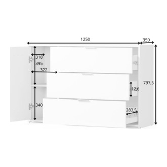 Comò FLORENCE – Bianco e quercia – 1 porta + 3 cassetti – Chiusura ammortizzata – Design contemporaneo